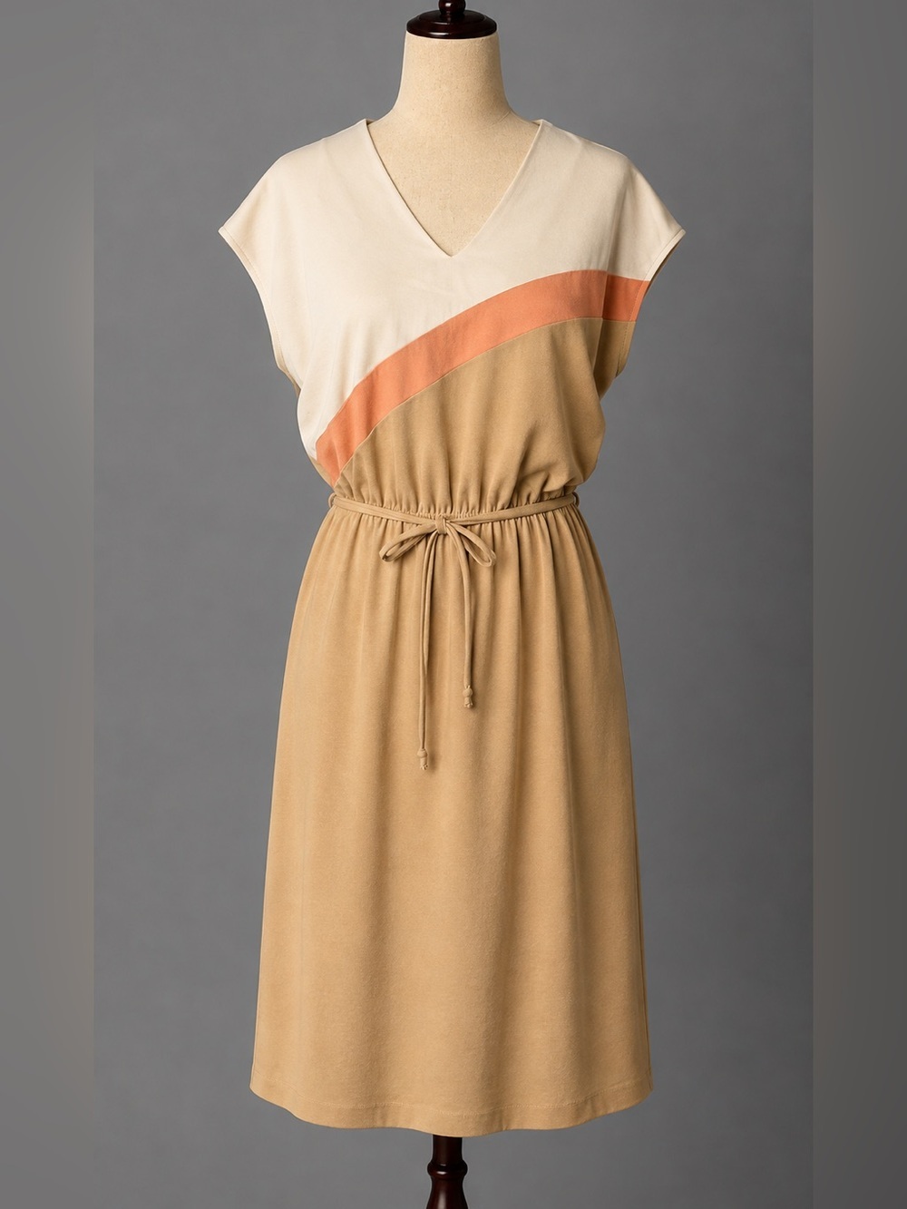 Vintage 70s V-Neck Colorblock Midi Dress - Beige, Cream & orange- M